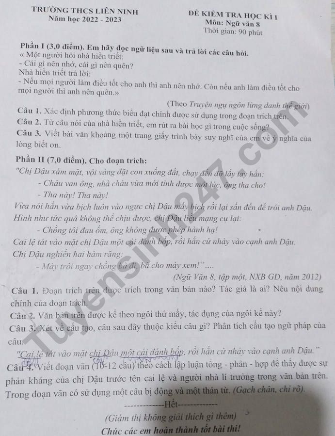 De thi ki 1 mon Van lop 8 - THCS Lien Ninh 2022