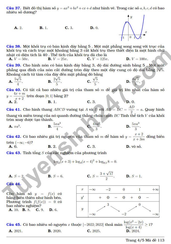 De thi ki 1 lop 12 mon Toan 2022 THCS&THPT Luong The Vinh (Co dap an)