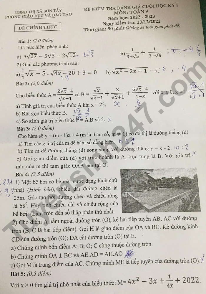 De thi cuoi ki 1 mon Toan lop 9 - TX Son Tay 2022