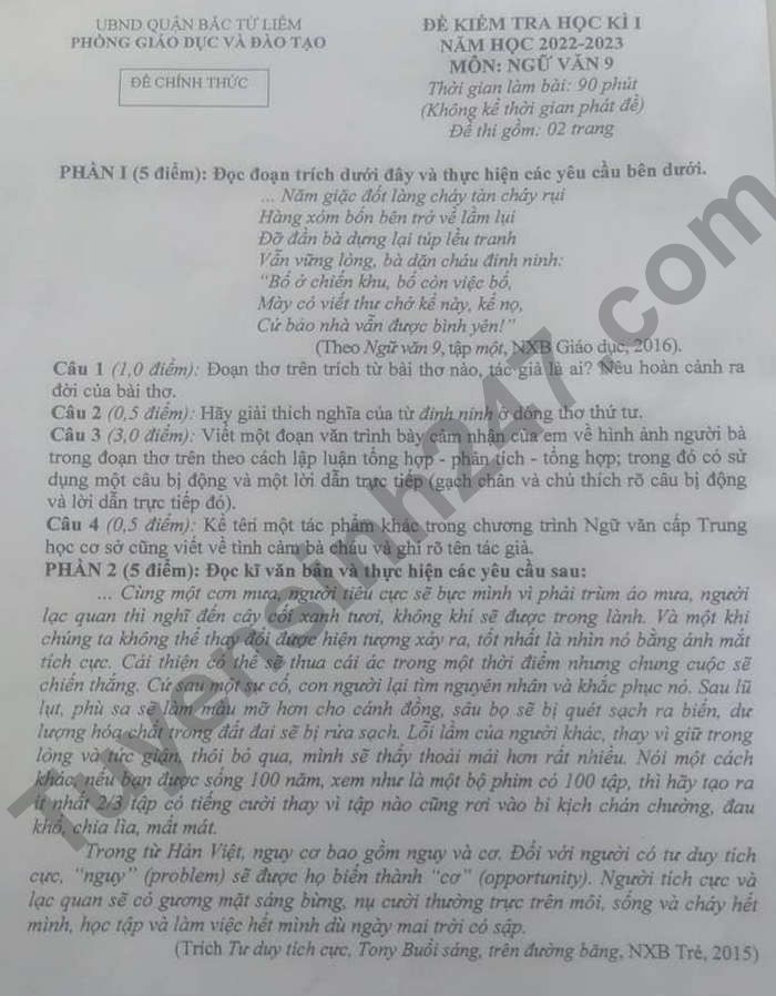 De thi HK 1 lop 9 mon Van 2022 Quan Bac Tu Liem