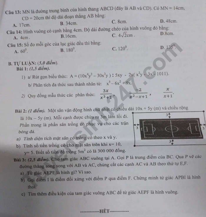 De thi ki 1 lop 8 mon Toan nam 2022 - Phong GDDT Dien Ban