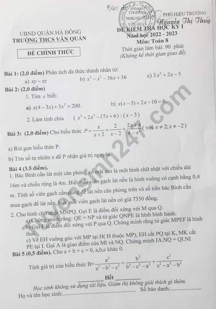 De thi HK 1 lop 8 mon Toan nam 2022 - THCS Van Quan