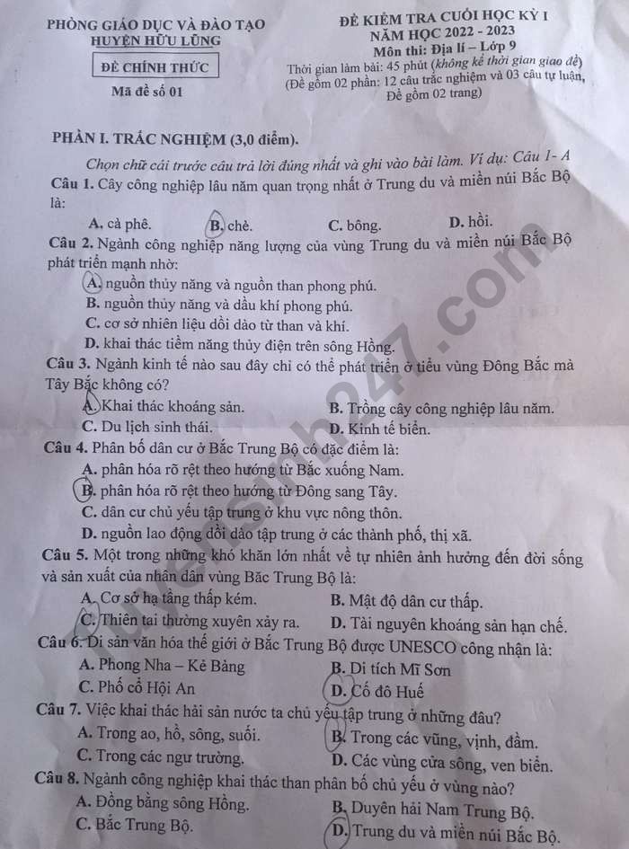 De thi cuoi ki 1 mon Dia lop 9 - Phong GDDT Huu Lung nam 2022