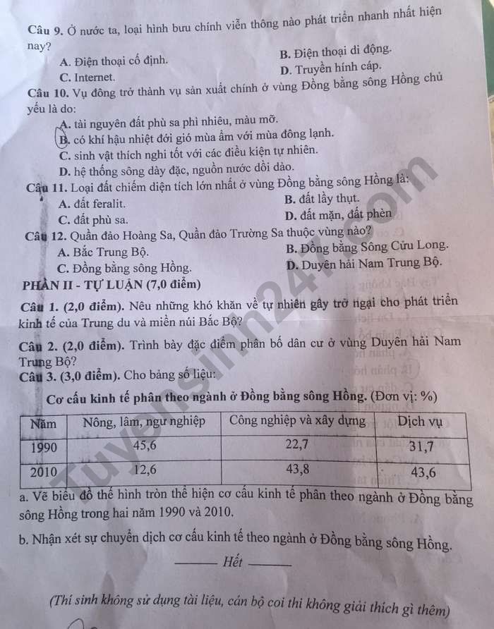 De thi cuoi ki 1 mon Dia lop 9 - Phong GDDT Huu Lung nam 2022
