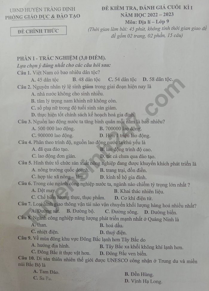 De thi ki 1 lop 9 mon Dia nam 2022 - Phong GDDT Huyen Trang Dinh