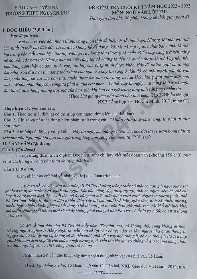 De thi cuoi ki 1 lop 12 mon Van 2022 - THPT Nguyen Hue