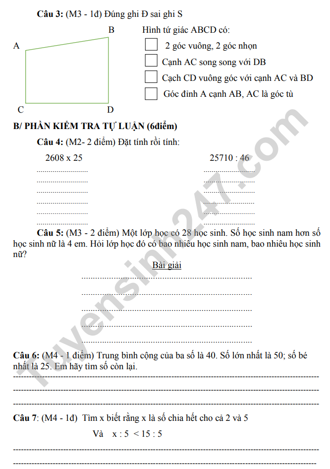 De thi ki 1 mon Toan lop 4 nam 2022 - TH Vinh Thuan (Co dap an)