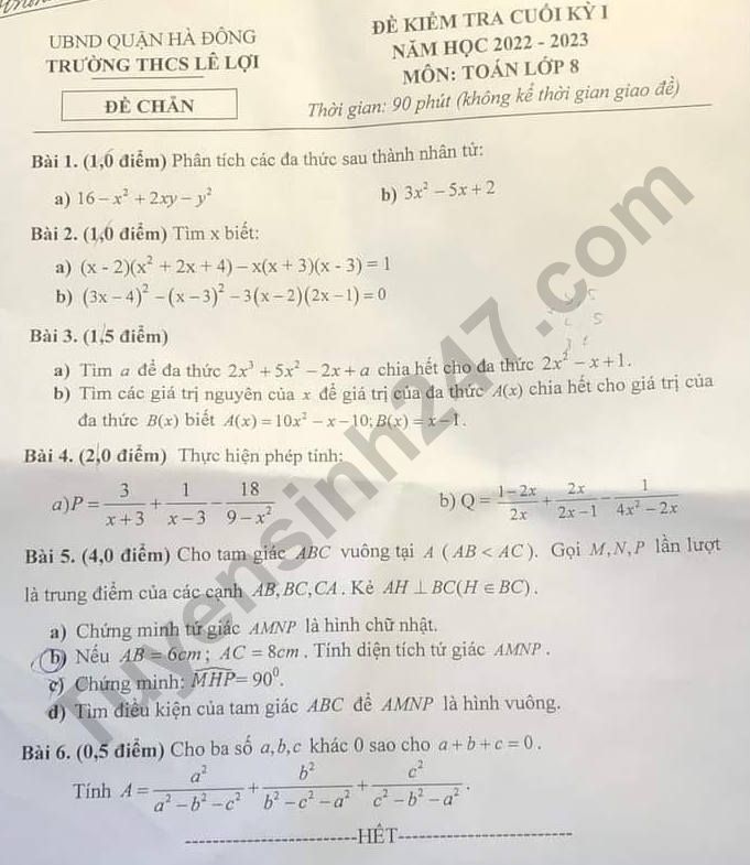 De thi cuoi ki 1 mon Toan lop 8 nam 2022 - THCS Le Loi