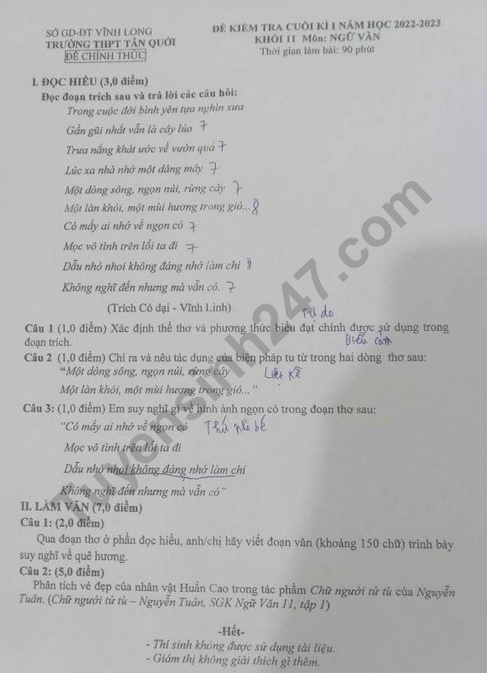 De thi ki 1 lop 11 mon Van nam 2022 - THPT Tan Quoi