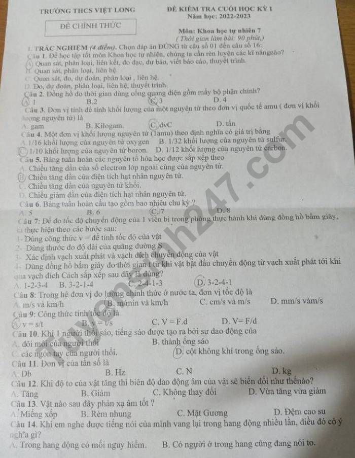 De thi ki 1 lop 7 mon KHTN nam 2022 - THCS Viet Long