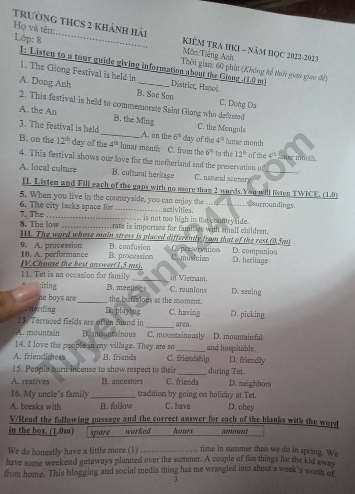 De thi hoc ki 1 lop 8 nam 2022 mon Anh - THCS 2 Khanh Hai