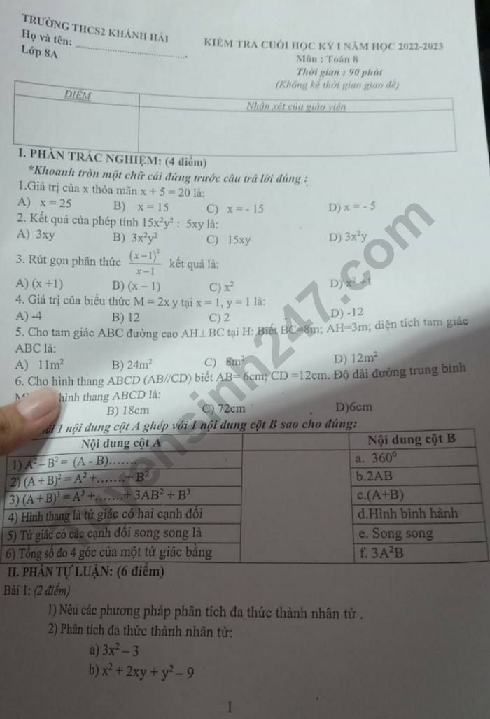 De thi HK 1 lop 8 mon Toan nam 2022 - THCS 2 Khanh Hai