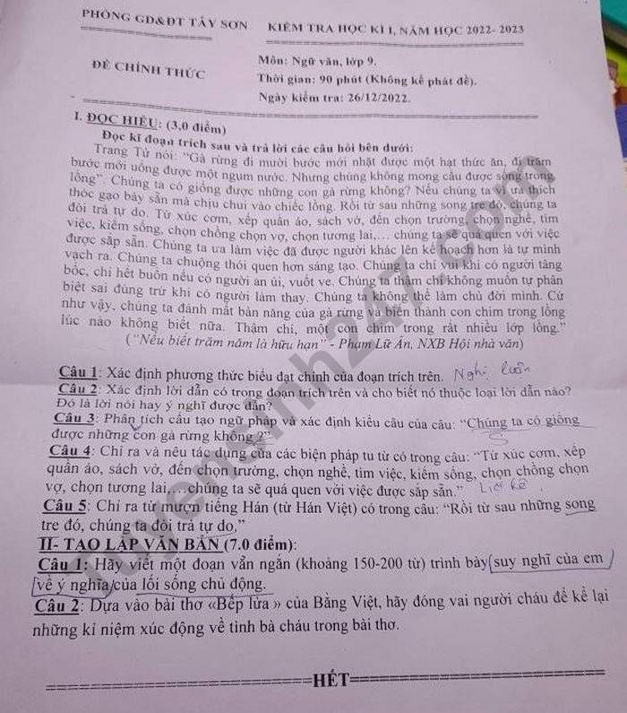 De thi hoc ki 1 lop 9 nam 2022 mon Van - Phong GDDT Tay Son