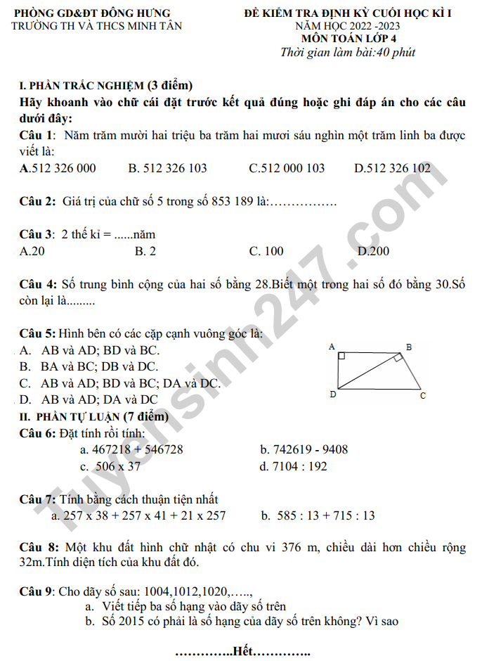 De thi ki 1 mon Toan lop 4 nam 2022 - TH Minh Tan (Co dap an)