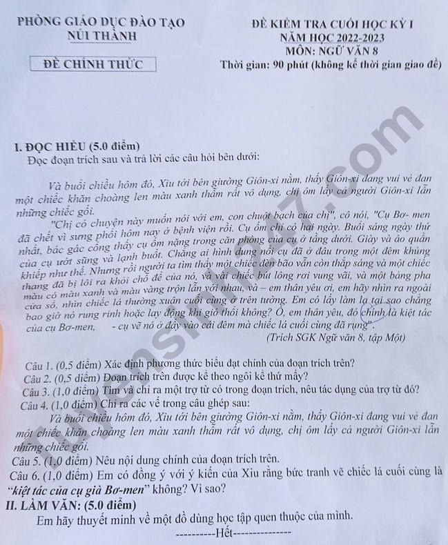 De thi ki 1 mon Van lop 8 nam 2022 - Phong GD Nui Thanh