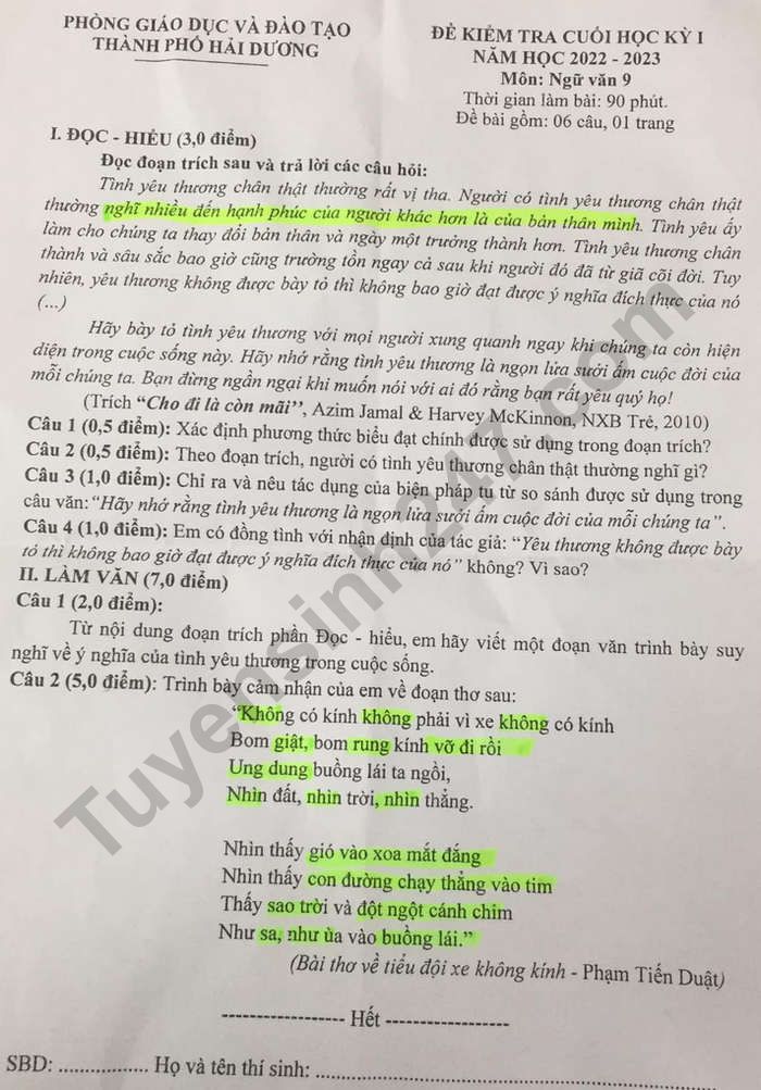 De thi mon Van ki 1 lop 9 - Phong GDDT TP Hai Duong 2022