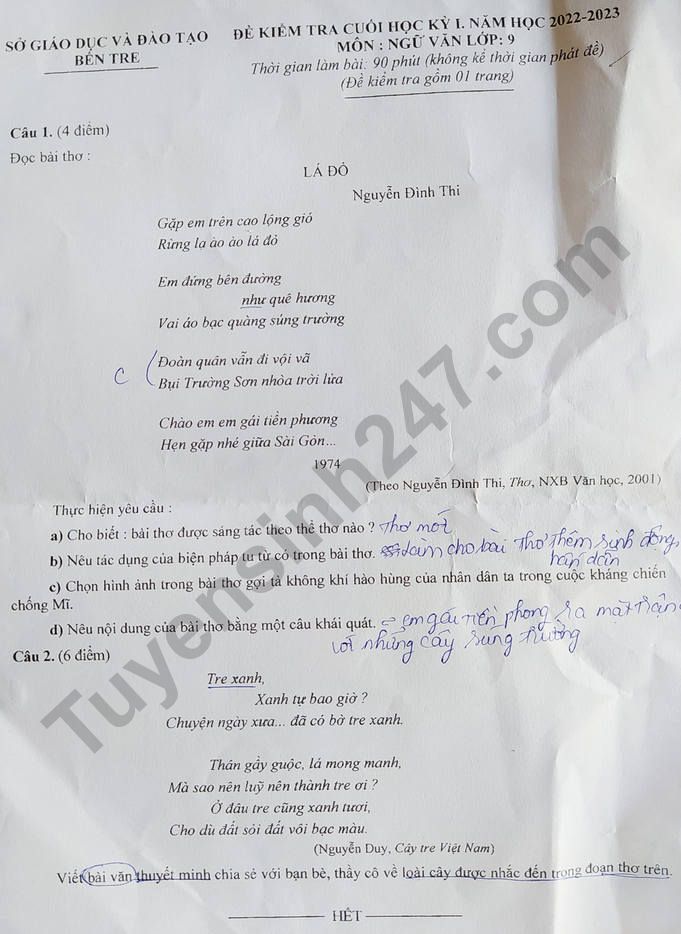 De thi ki 1 lop 9 mon Van 2022 - So GD Ben Tre (Co dap an)