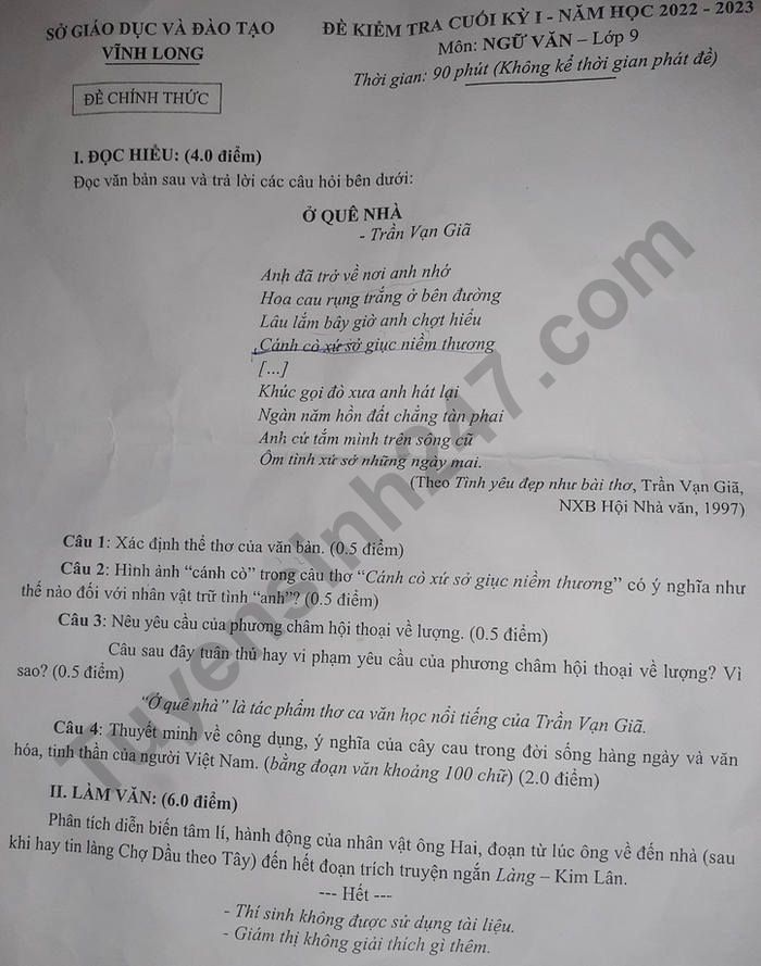 De thi ki 1 lop 9 mon Van 2022 - So GD Vinh Long