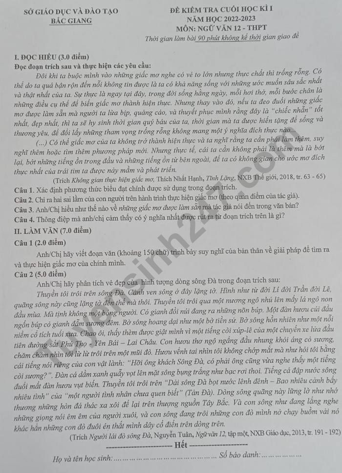 De thi cuoi ki 1 mon Van lop 12 - So GDDT Bac Giang nam 2022
