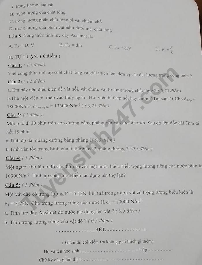 De thi ki 1 lop 8 mon Ly nam 2022 - THCS Phuoc Thanh