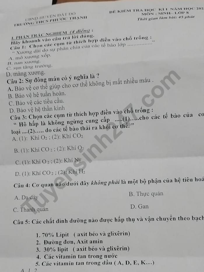 De thi cuoi ki 1 mon Sinh lop 8 - THCS Phuoc Thanh nam 2022