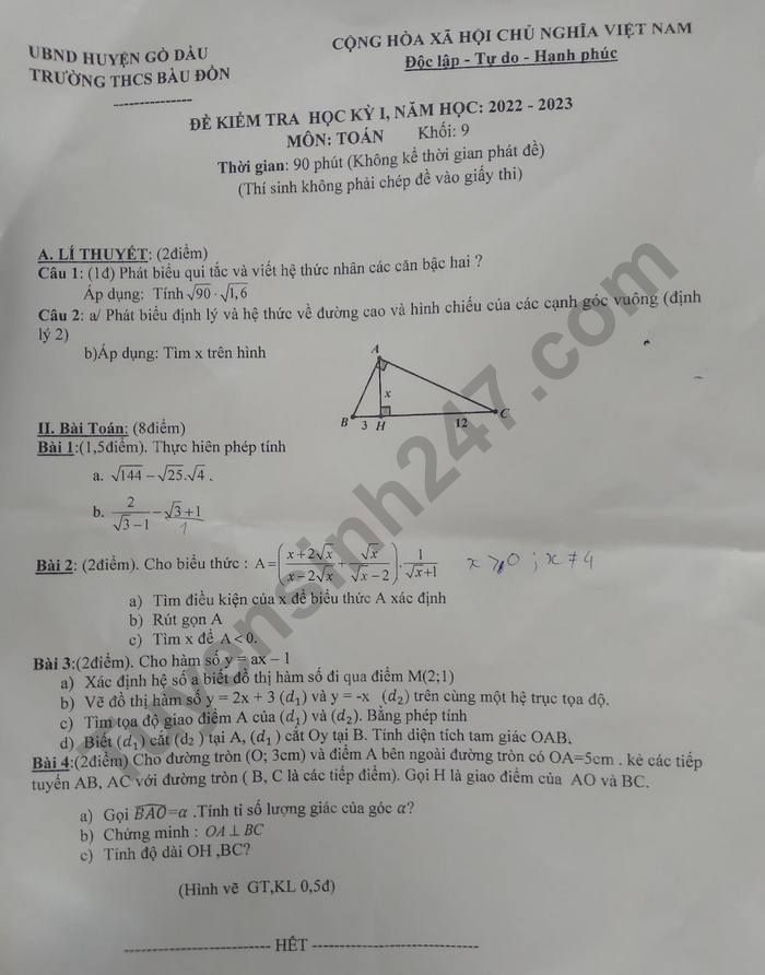 De thi hoc ki 1 lop 9 nam 2022 mon Toan - THCS Bau Don