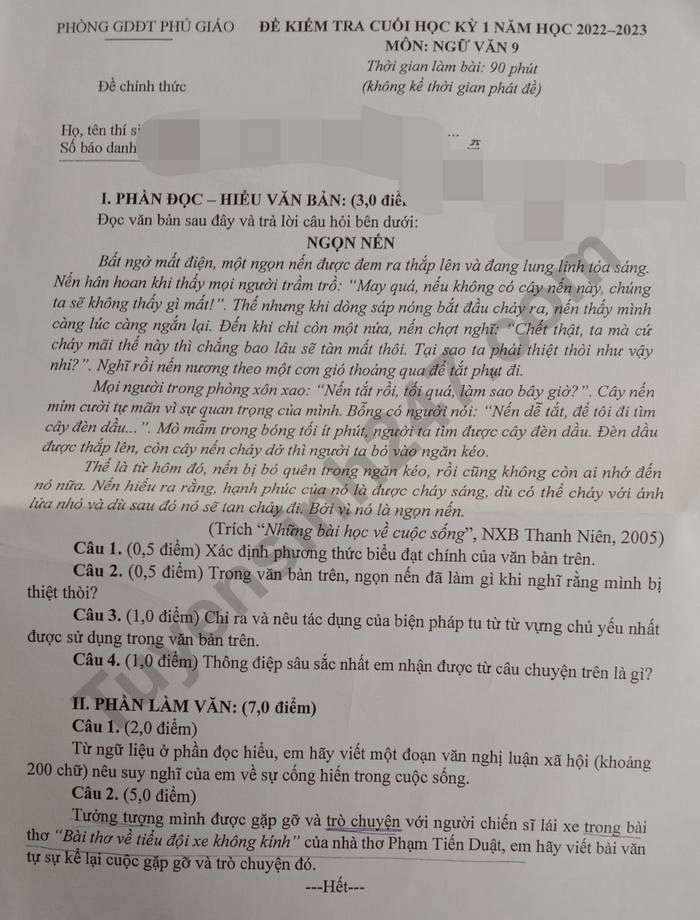 De thi ki 1 lop 9 mon Van nam 2022 - Phong GDDT Phu Giao