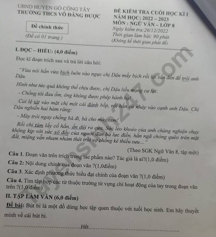 De thi cuoi ki 1 mon Ngu Van lop 8 truong THCS Vo Dang Duoc nam 2022