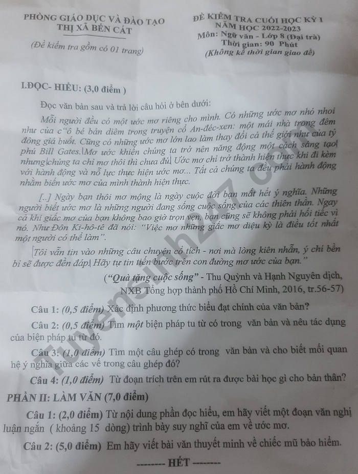 De thi hoc ki 1 mon Ngu Van lop 8 phong GD Thi Xa Ben Cat nam 2022