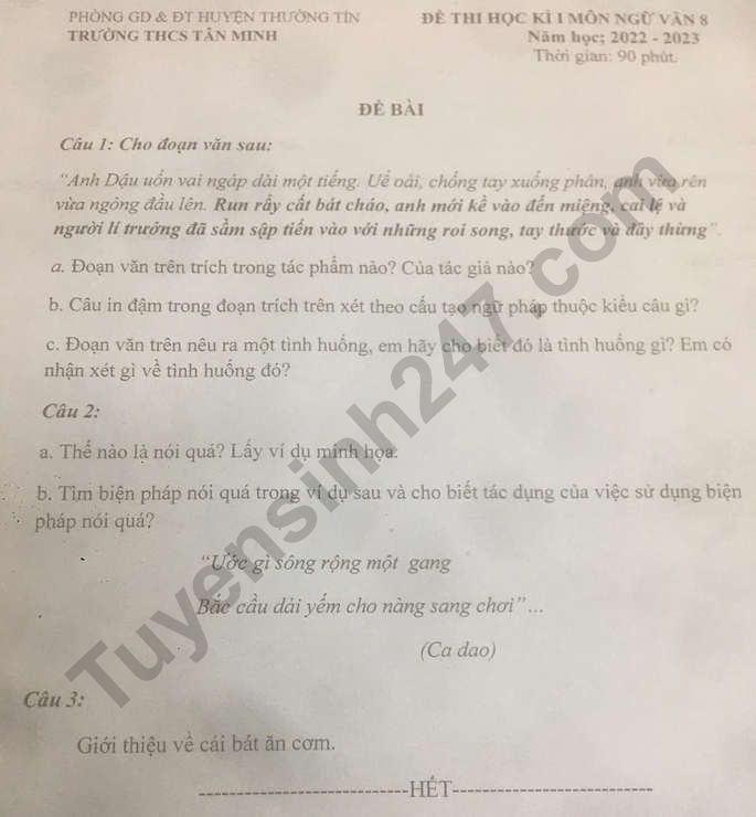 De thi ki 1 lop 8 mon Ngu Van nam 2022 truong THCS Tan Minh