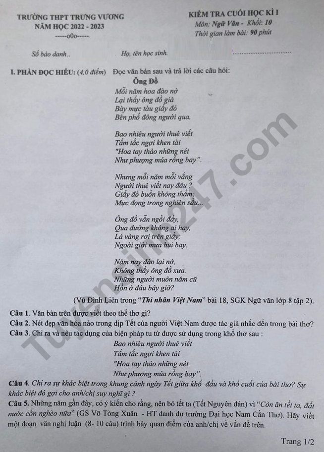 De thi ki 1 lop 10 mon Van 2022 - THPT Trung Vuong