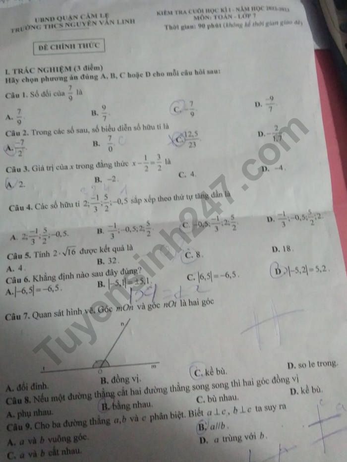 De thi ki 1 mon Toan lop 7 - THCS Nguyen Van Linh 2022