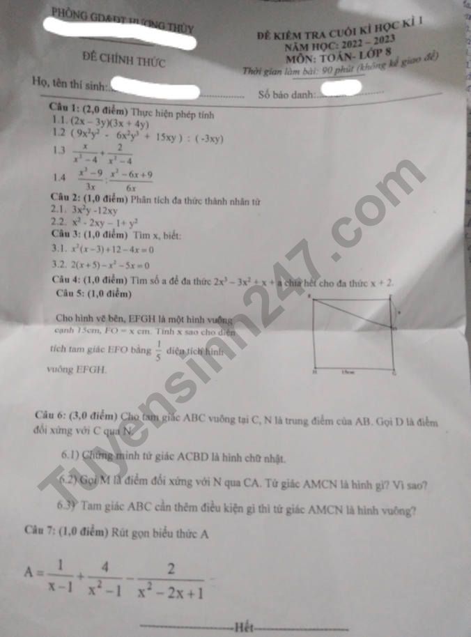 De thi ki 1 lop 8 mon Toan 2022 - Phong GD Huong Thuy