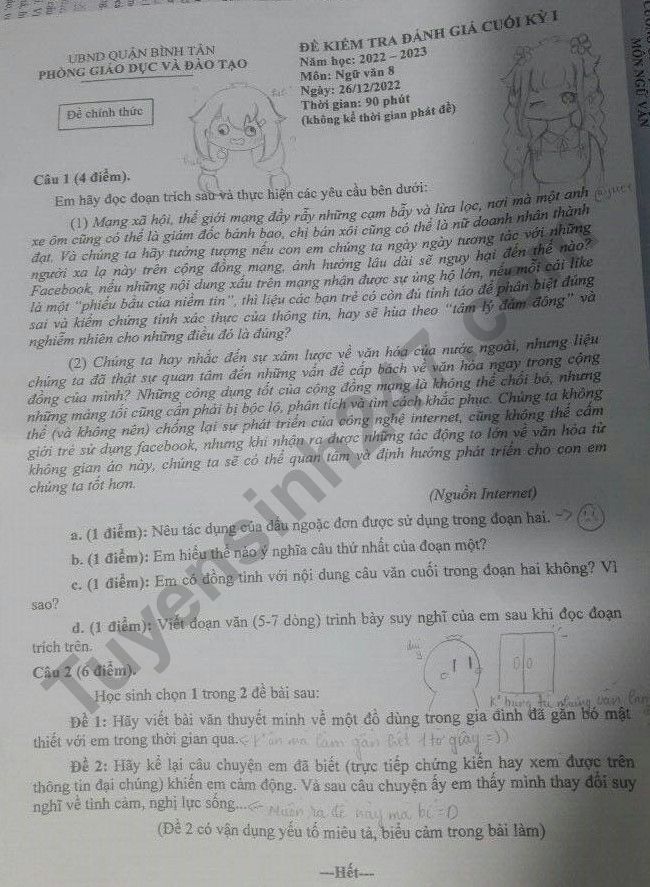De thi mon Van ki 1 lop 8 nam 2022 - Quan Binh Tan