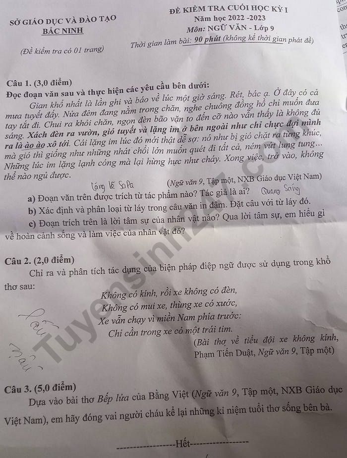 De thi ki 1 lop 9 mon Van 2022 So GD Bac Ninh