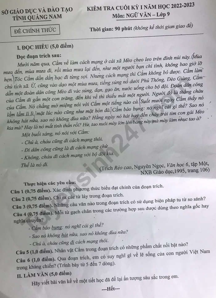 De thi ki 1 mon Van lop 9 - So GD Quang Nam 2022