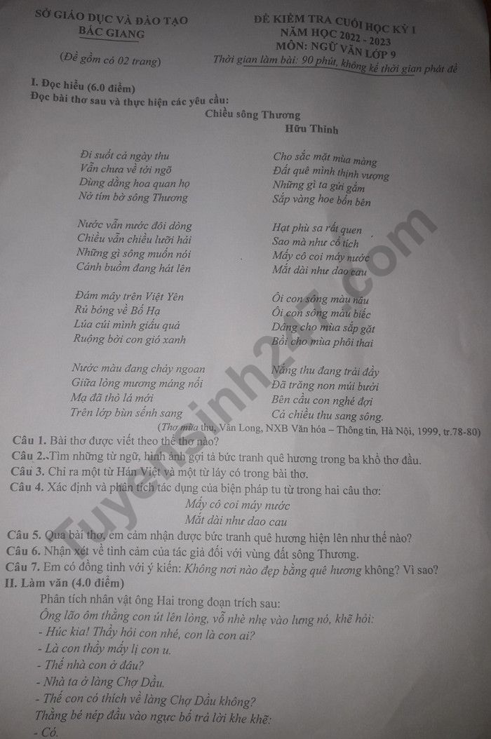 De thi ki 1 mon Van lop 9 - So GD Bac Giang 2022