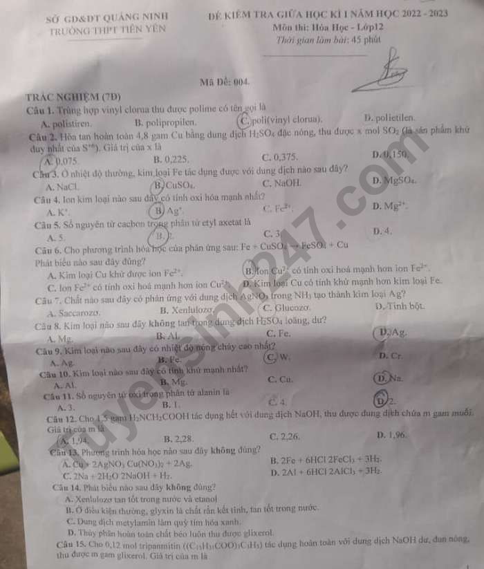 De thi ki 1 lop 12 mon Hoa nam 2022 - THPT Tien Yen