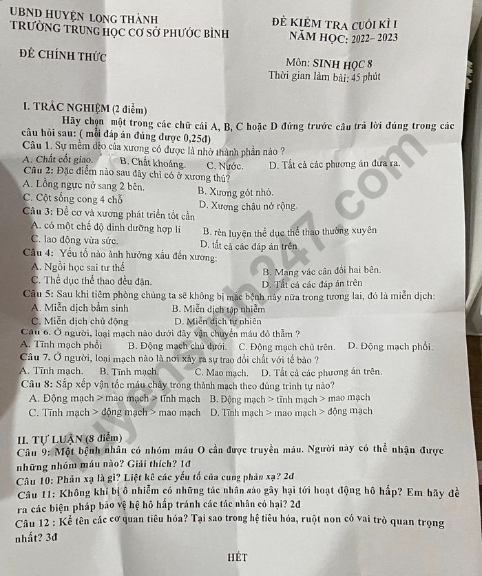 De thi cuoi ki 1 mon Sinh lop 8 - THCS Phuoc Binh nam 2022