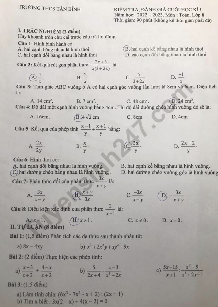 De thi cuoi ki 1 mon Toan lop 8 - THCS Tan Binh nam 2022