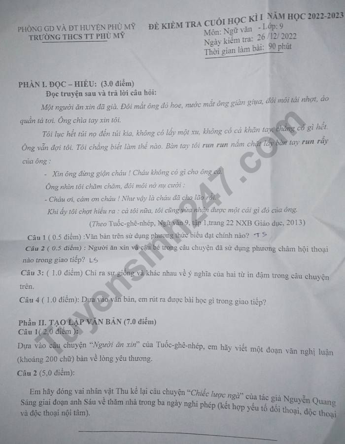 De thi HK 1 lop 9 mon Van nam 2022 - THCS TT Phu My