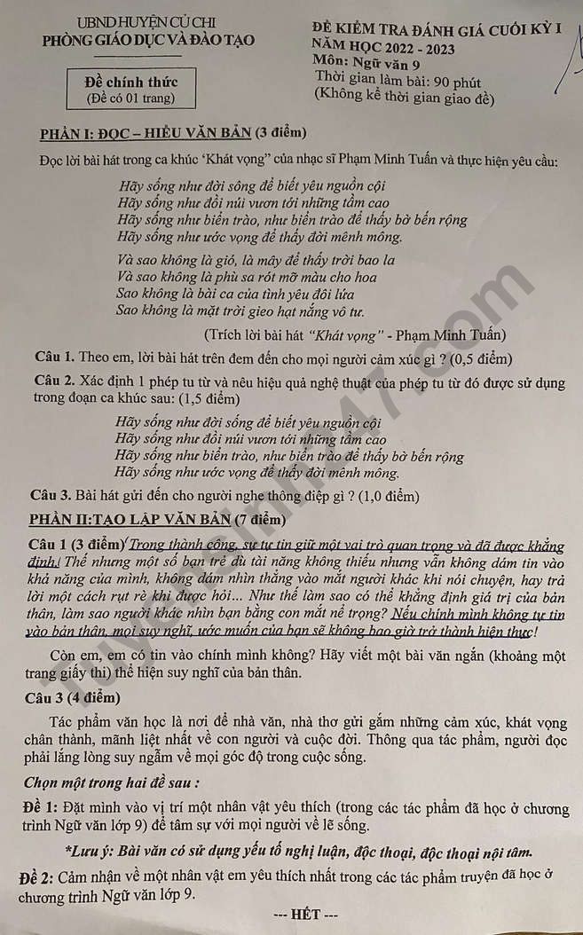 De thi hoc ki 1 mon Van lop 9 phong GD huyen Cu Chi nam 2022
