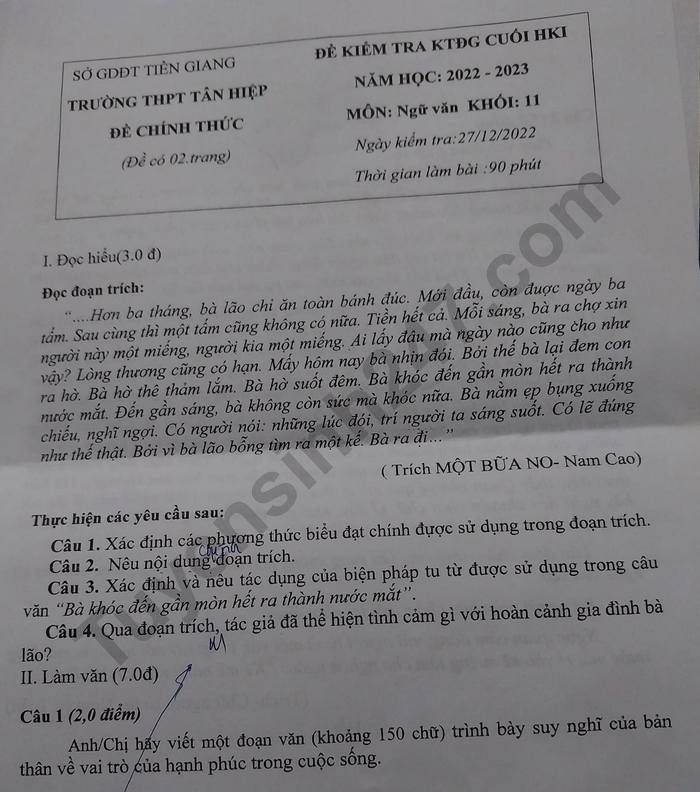 De thi ki 1 lop 11 mon Van nam 2022 - THPT Tan Hiep