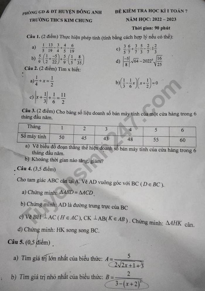 De thi cuoi ki 1 mon Toan lop 7 - THCS Kim Chung nam 2022