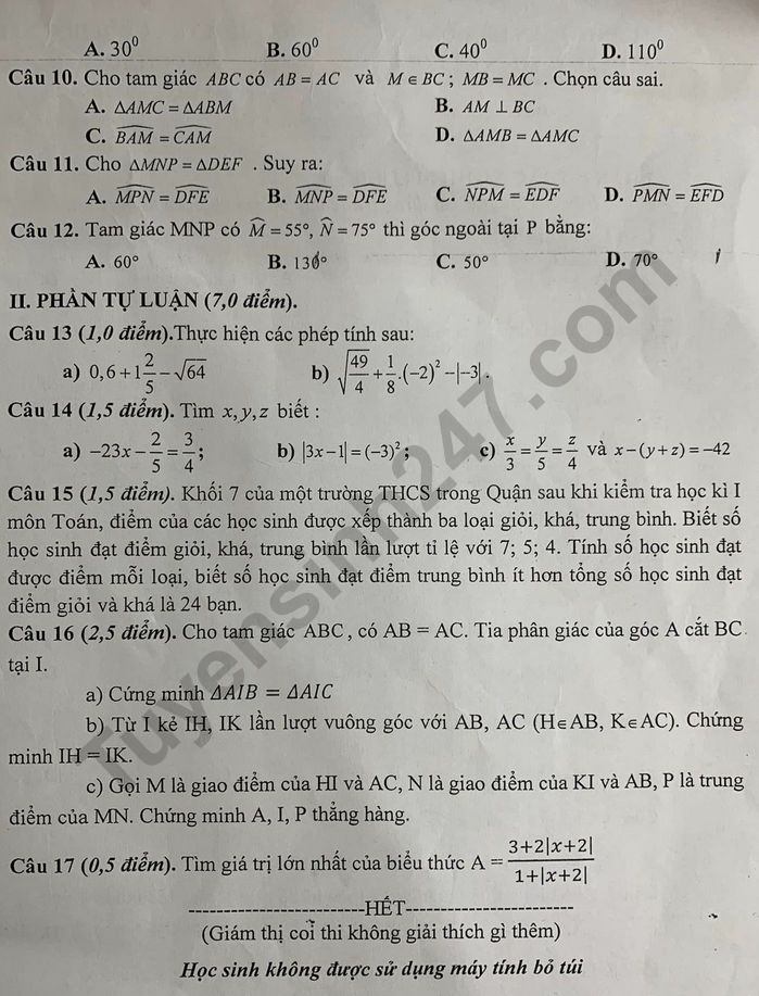 De thi ki 1 lop 7 mon Toan nam 2022 - THCS Le Loi