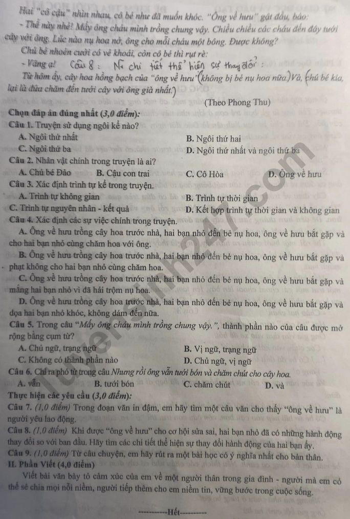 De thi ki 1 lop 7 mon Van - So GD Bac Ninh 2022