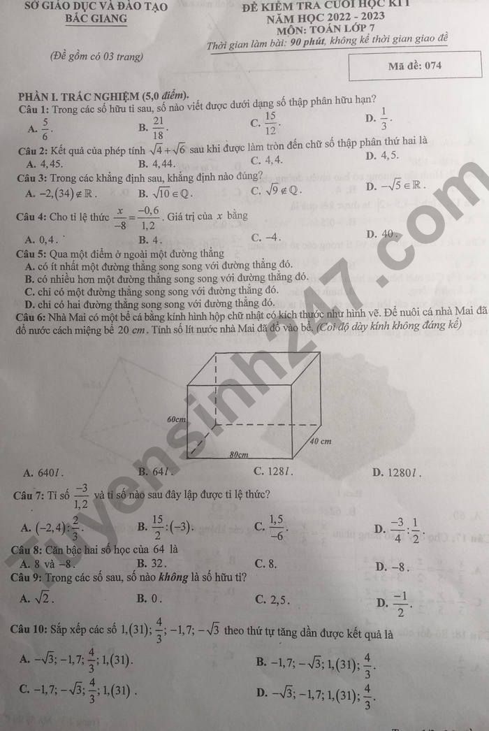 De thi hoc ki 1 mon Toan lop 7 nam 2022 tinh Bac Giang