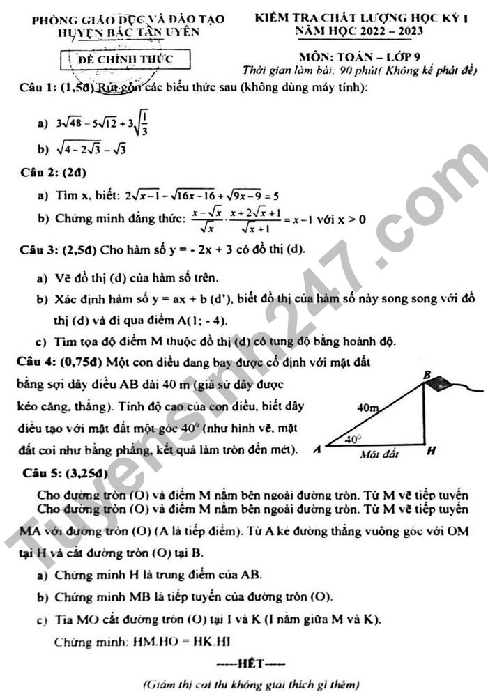 De thi ki 1 mon Toan lop 9 Huyen Bac Tan Uyen 2022