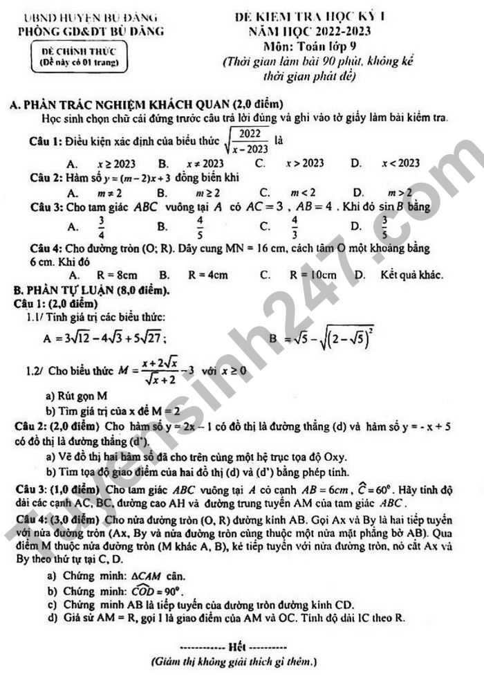 De kiem tra ki 1 lop 9 mon Toan Huyen Bu Dang 2022
