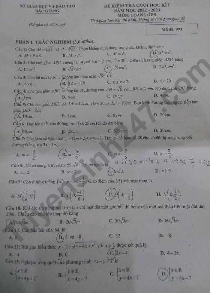 De thi ki 1 mon Toan lop 9 nam 2022 tinh Bac Giang